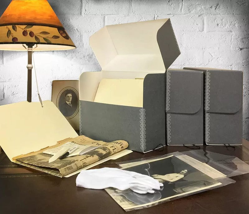 Lineco, Archival Document Case Kit, 12.5 x 10.5 x 5 Inch, Preserve Papers and Artworks, Includes Gloves, Bone Folder, pH Testing Pen, 10 Photo Bags, 12 Acid-Free File Folders, Gray - Image 3